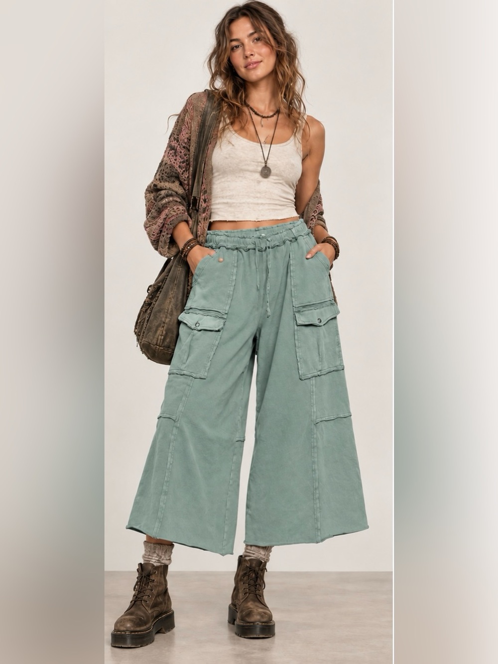 easel Wide-Leg Cargo Utility Boho Fairy Grunge Goblincore Mint Green Pants Large